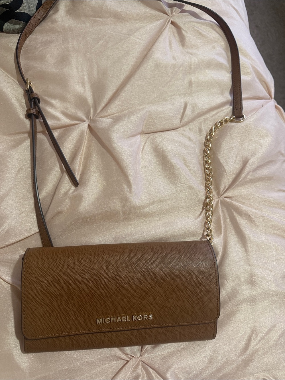 Michael Kors Tan Saffiano Leather Crossbody with Gold Chain